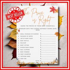 the price is right for this baby shower game with fall leaves and red rubber stamp