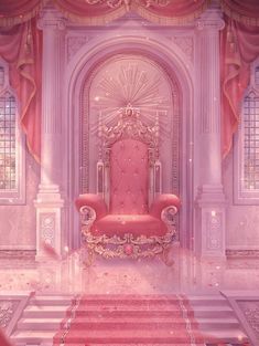 a pink chair sitting on top of a red carpet in front of a white staircase