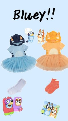 an image of children's clothing and toys with the words bluey on it