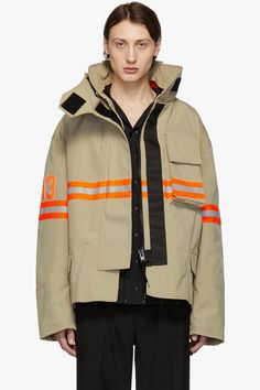 R13 Fireman Jacket Black Orange Nylon Reflective Silver Beige Cream Camouflage Green SSENSE Drop Fireman Jacket, Outfit Sporty, Raincoat Outfit, Mens Raincoat, Long Rain Coat, Coat Street Style, Raincoats For Women, Kids Coats, Coat Design