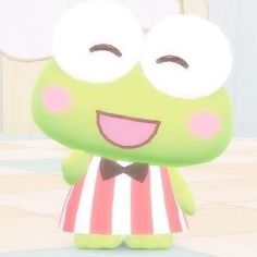 a cartoon character with big eyes wearing a bow tie and standing in front of a wall