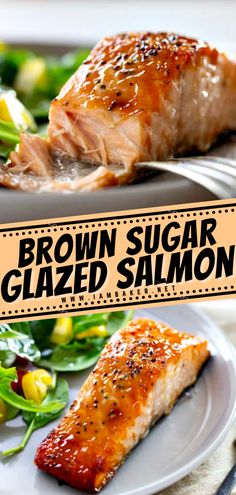 brown sugar glazed salmon on a white plate with green salad and fork in the background