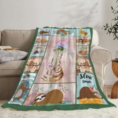 a blanket that has pictures of animals on it