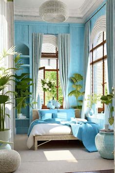 a bedroom with blue walls and curtains, potted plants in vases on the floor