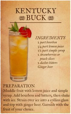 the kentucky buck cocktail recipe is shown with information about how to make it and how to drink it