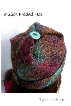 a woman wearing a knitted hat with a button on the front and back of it