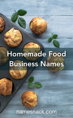 homemade food business names are displayed on a baking tray with muffins and leaves