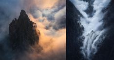 two pictures of mountains with clouds in the sky and one has an image of a waterfall