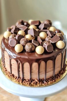 a chocolate cake topped with lots of candy on top of a white plate and wooden table