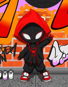 a drawing of a little kid wearing a red hoodie and black pants, standing in front of graffiti