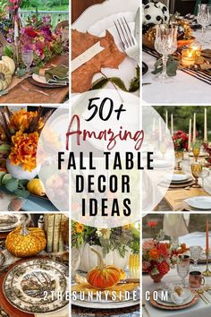 a collage of photos with pumpkins, flowers and other fall decorating items