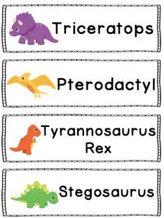 three dinosaur name tags with the words tricertops, petroactly, tyranosauruss, and stegossauruss