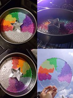 four different pictures of pans with colored food in them and one has a star on the top