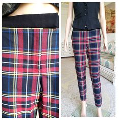 "RED Plaid Pants womens Plaid Pants Retro Pants womens Pants Checkered Pants Vintage Tartan Pants Golf Pants Disco Pants 6 plaid bottom plaid Trousers Made in Romania 65% - Polyester; 32% - viscose; 3% - elastane height of the woman in the photo - 180 cm Please refer to photos for details of condition. Condition: very good vintage Measurements: Inseam 72 cm/28.3\" Length: 93 cm/ 36.6 \" Waist 80 cm/ 31.5\" Rise: 22 cm/ 8.7\" Tag Size: UK-6; EUR-32 note The color on the pictures may vary due to m Fitted Plaid Trousers, High Waist Stretch Plaid Bottoms, Fitted Plaid Straight Pants, Plaid Stretch Trousers, Fitted Plaid Bottoms, Stretch Plaid Trousers, Womens Plaid Pants, Red Plaid Pants, Checker Pants