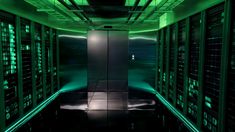 an empty server room filled with lots of green lights