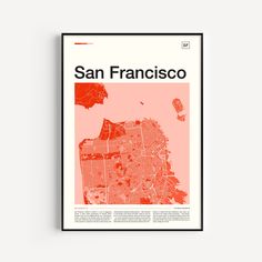 an orange and red poster with the words san francisco on it, in front of a white