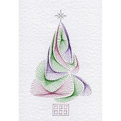 a christmas card with an abstract tree on the front and bottom corner, in green, purple