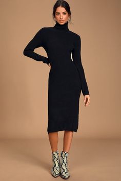 Cozy Black Dress - Sweater Dress - Turtleneck Dress - Dress - Lulus Turtleneck Sweater Dress Outfit, Turtle Neck Dress Outfit, Black Sweater Dress Outfit, Black Midi Sweater Dress, Black Turtleneck Sweater Dress, Outfit Ideas For Black Women, Knit Sweater Outfit, Midi Sweater Dress, Black Turtleneck Sweater