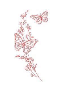 two butterflies flying next to each other on top of a white background with red ink