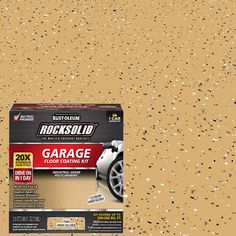 a box of rocksolid garage floor coating kit on top of a dirt covered ground