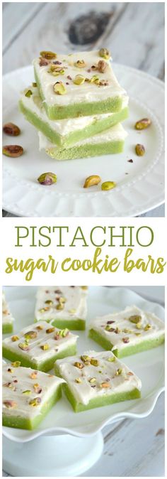 pistaacho sugar cookie bars are stacked on top of each other and topped with nuts