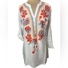 Cute Options White Orange , Blue Floral Embroidered Tunic Top. Long Sleeve Or Cuffed Tab Sleeve Options. V-Neck With Button. Various Sizes; S, M, L, Xl. Nwt- New With Tags Casual Orange Embroidered Blouse, Summer Embroidered Orange Blouse, Spring Embroidered Orange Blouse, Orange Embroidered Summer Blouse, Summer Orange Embroidered Blouse, Orange Embroidered Beach Top, Orange Embroidered Top For Beach, Embroidered Tunic Top, Embroidered Tunic