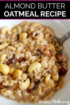 a bowl filled with oatmeal and nuts on top of a white plate