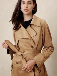 Vegan Suede Trench Coat | Banana Republic Factory Chic Belted Leather Outerwear, Chic Leather Jacket With Belted Cuffs, Trendy Belted Leather Outerwear, Chic Leather Jacket With Belted Cuffs For Work, Classic Leather Jacket With Belted Cuffs For Fall, Chic Leather Outerwear With Button Closure, Chic Leather Double-breasted Outerwear, Chic Double-breasted Leather Outerwear, Beige Leather Outerwear With Lapel Collar