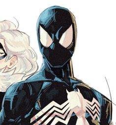 two people dressed as spider - man and black widow, one with white hair looking at the camera