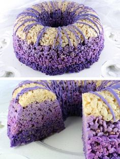 two pictures of a cake with purple icing and cereal toppings on the top