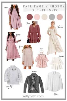 the fall family photos outfits in pink, white and grey are featured on this page