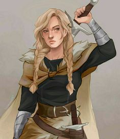 a drawing of a woman with long blonde hair and braids holding two swords in her hands