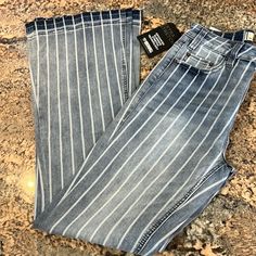 Nwt Rock&Roll Denim Distressed Lt. Blue Stripe High Rise Trousers Bell Bottom I Have Several Pair Please State What Size You Want! 27x34 27x36 28x32 29x34 (28x36) Not Available! Luxury Ripped Rigid Denim Bottoms, Retro Striped Denim Bottoms, Rock And Roll Denim, Rick Roll, High Rise Trousers, Rick Rolled, Denim Color, Bell Bottom, Rock Roll