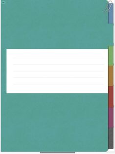 a blue binder with three different colored papers on it