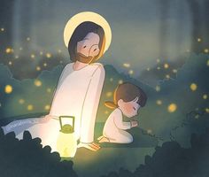 an image of jesus sitting on the ground next to a child with a lantern in his hand