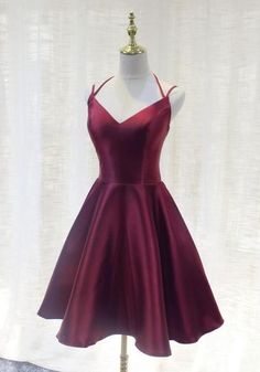 Straps V-neckline Burgundy Short Party Dress Satin Prom Dress Short, Satin Dresses Short, Burgundy Short Dress, Party Dress Blue, Simple Homecoming Dresses, Blue Formal Dress, Red Homecoming Dresses, Blue Dress Formal