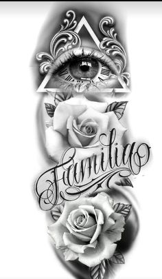 an eye and some roses with the word familios written on it's side