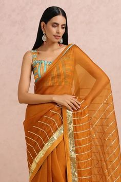 Shop for Label Nitika Orange Organza Gota Embroidered Saree With Blouse for Women Online at Aza Fashions Rust Blouse, Rust Fabric, Organza Silk Saree, Gota Work, Embroidered Saree, Blouse For Women, Organza Saree, Sequins Embroidery, Silk Organza