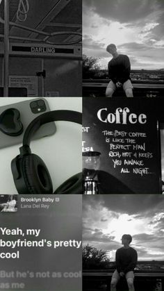 black and white collage with headphones on top of each other in different pictures