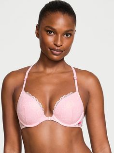 Our Flower Power Lace adds a femme touch to this front-close, racerback style. Showcased on a plushy, padded push-up bra that gives you shape and comfortable support. The Sexy Tee: Your favorite everyday bra, now available in a mix of prints and lace for every mood. Lift & Lining Medium lift Push-up padding Underwire Straps & Hooks Adjustable straps Front closure Details & Fabric Lace racerback detail Partially made from recycled materials Hand wash Imported Bras Pink, Halter Bra, Push Up Pads, Cute Bras, Everyday Bra, Womens Bras, Victoria Secret Bras, Comfy Cozy, Bra Women