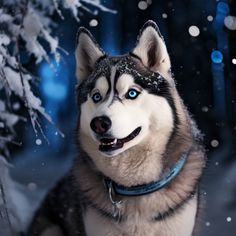 a husky dog with blue eyes sitting in the snow