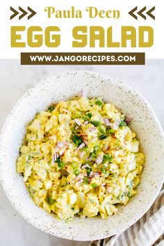 an egg salad in a white bowl with text overlay