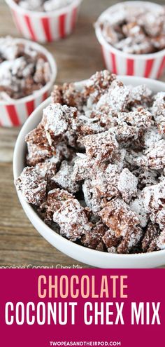 chocolate coconut chex mix in red and white striped paper cups on a wooden table