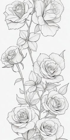 a drawing of three roses with leaves on the bottom and one flower in the middle