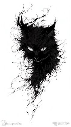 a drawing of a black cat's head with long hair blowing in the wind