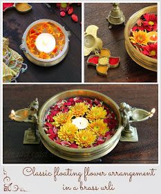 a collage of photos showing different flowers in a bowl and candles on the table