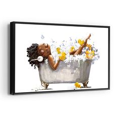 a painting of a girl taking a bath with rubber ducks floating in it's water