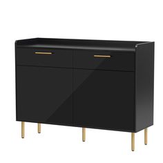 a black cabinet with gold handles and two drawers on one side, against a white background