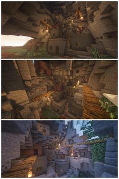 three different views of the inside and outside of a building in minecraft, with lights on