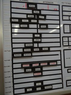 a white board with some black and red labels on it's sides that are attached to the wall